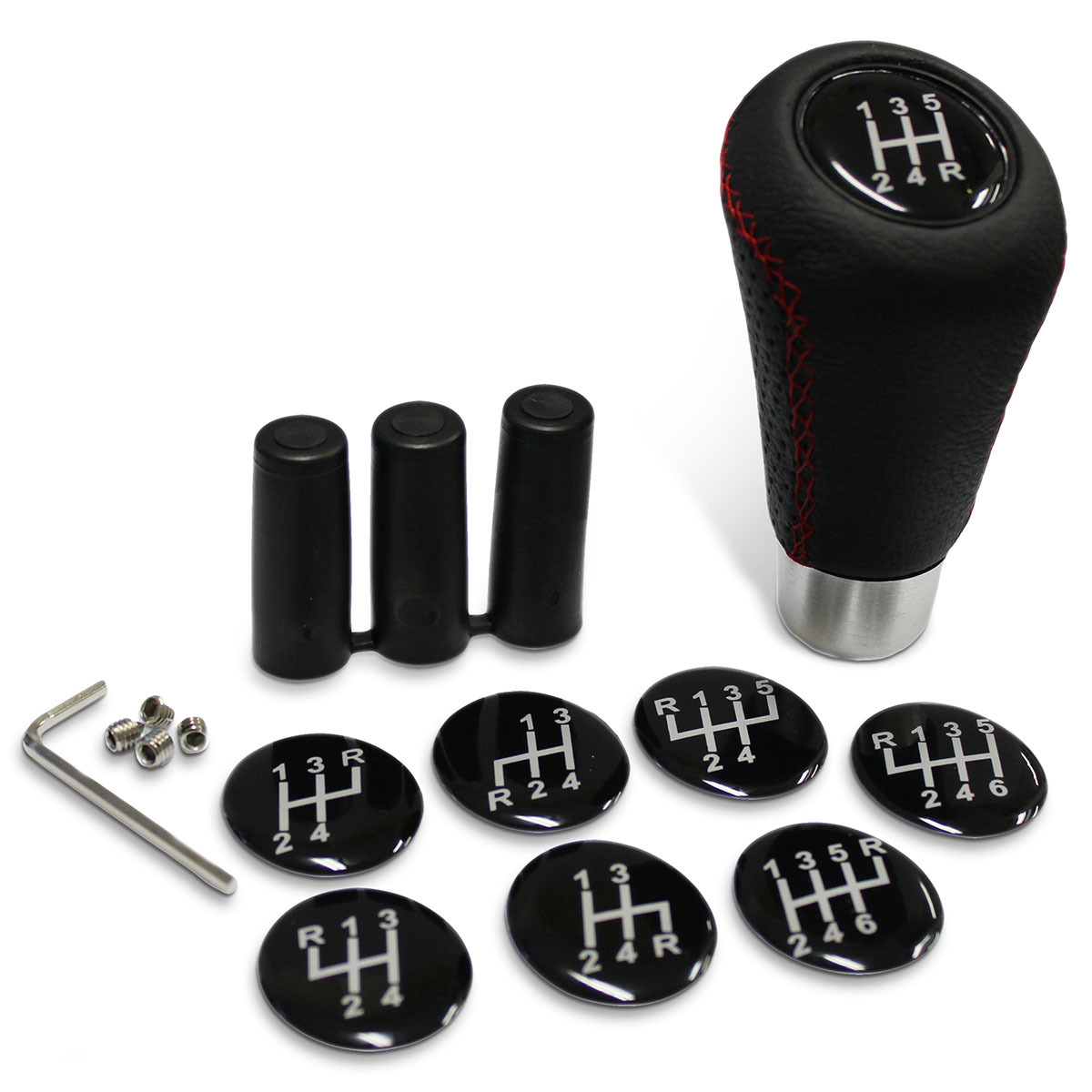 Leather Gear Knob Black-Red Stitch With 8 Shift Patterns