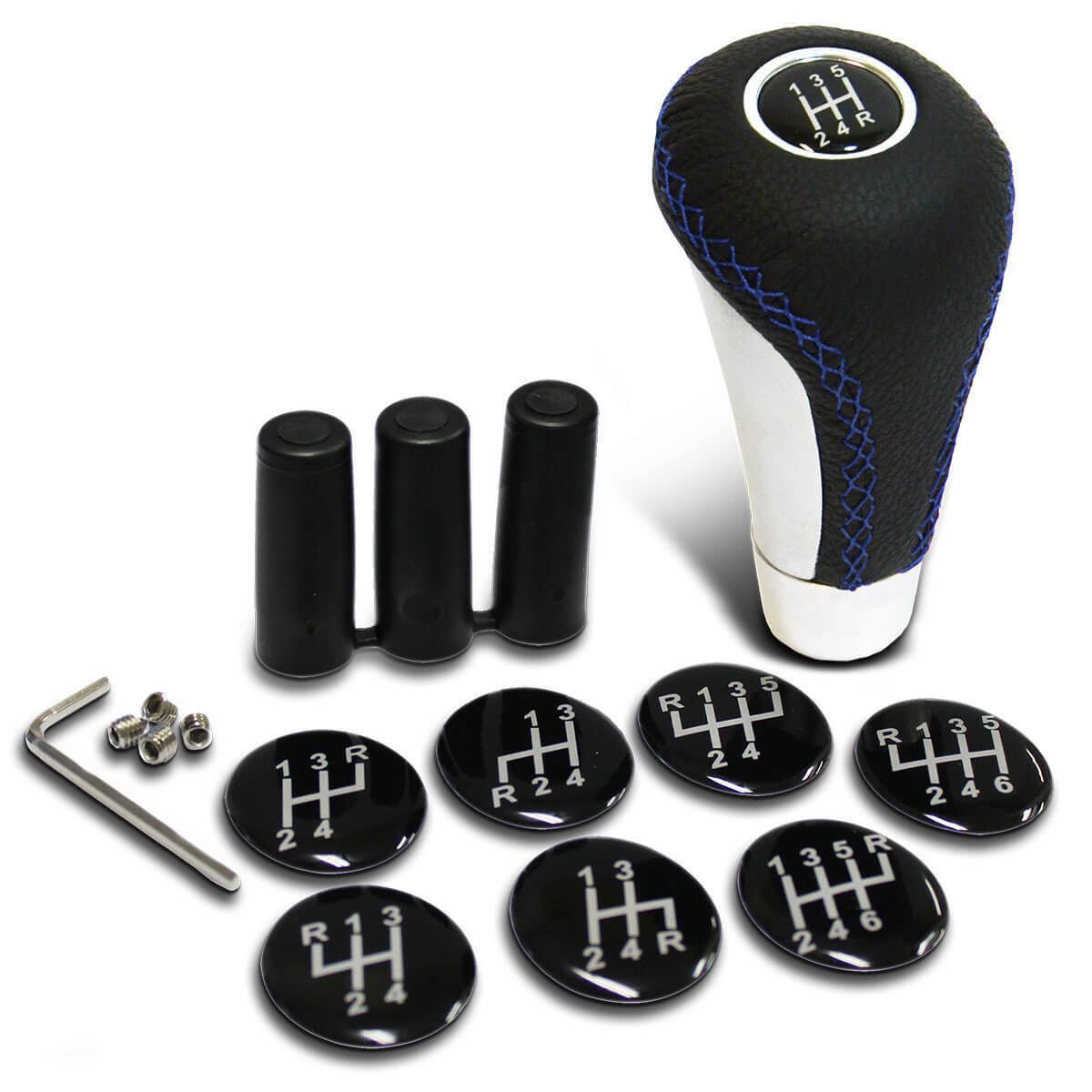 Leather Gear Knob Blue Stitched Aluminium Insert With 8 Shift Patterns