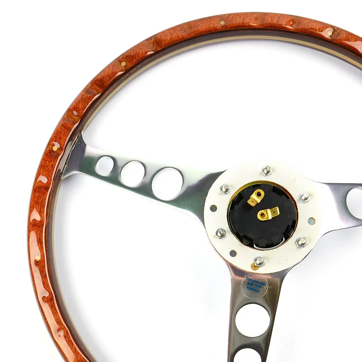 15 Inch Classic Wood Steering Wheel - Walnut Grip, 3 Spoke Chrome, 6 Hole Universal For Car Modification