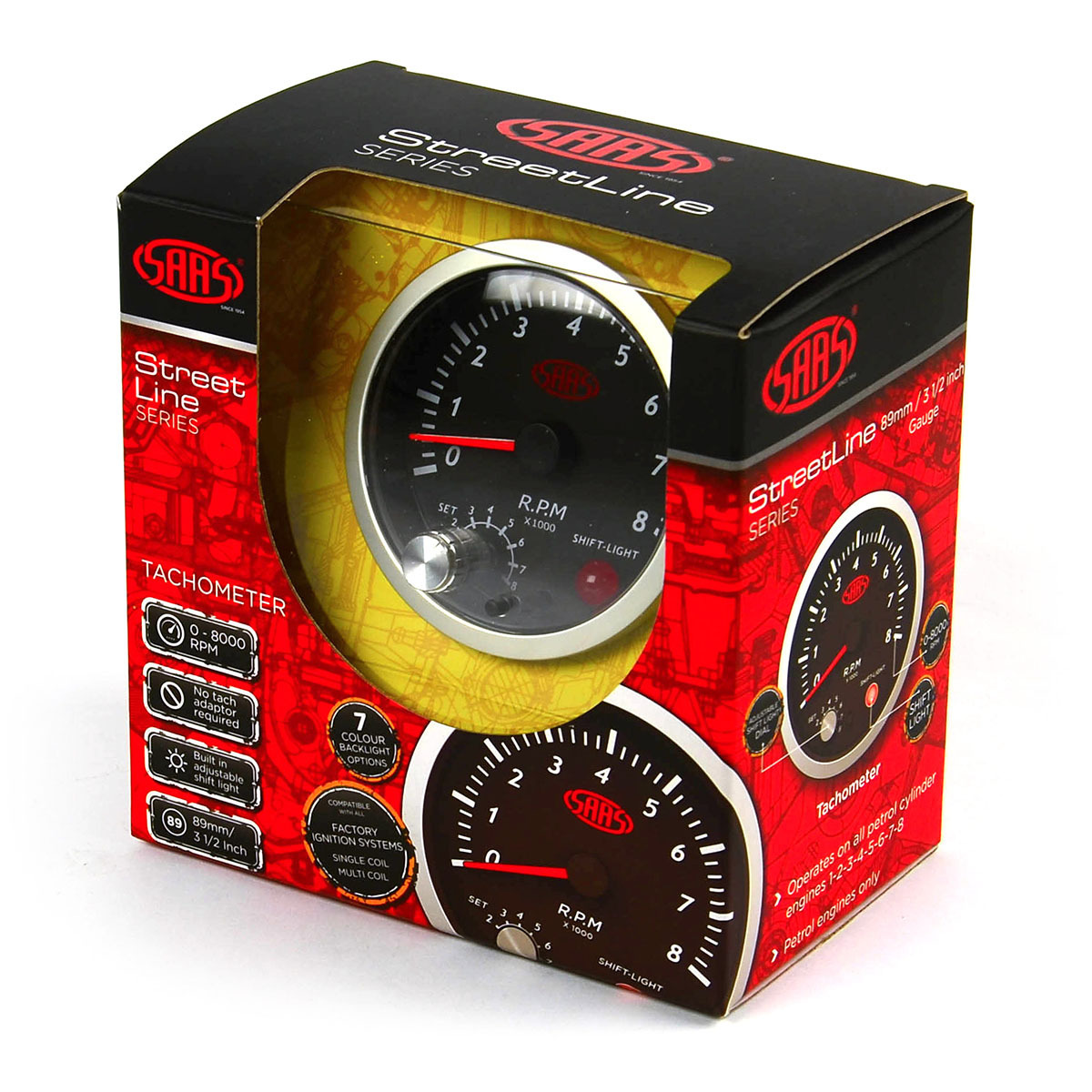 Tachometer Petrol 0-8K Shiftlight 3 1/2" 89mm Black Street Series