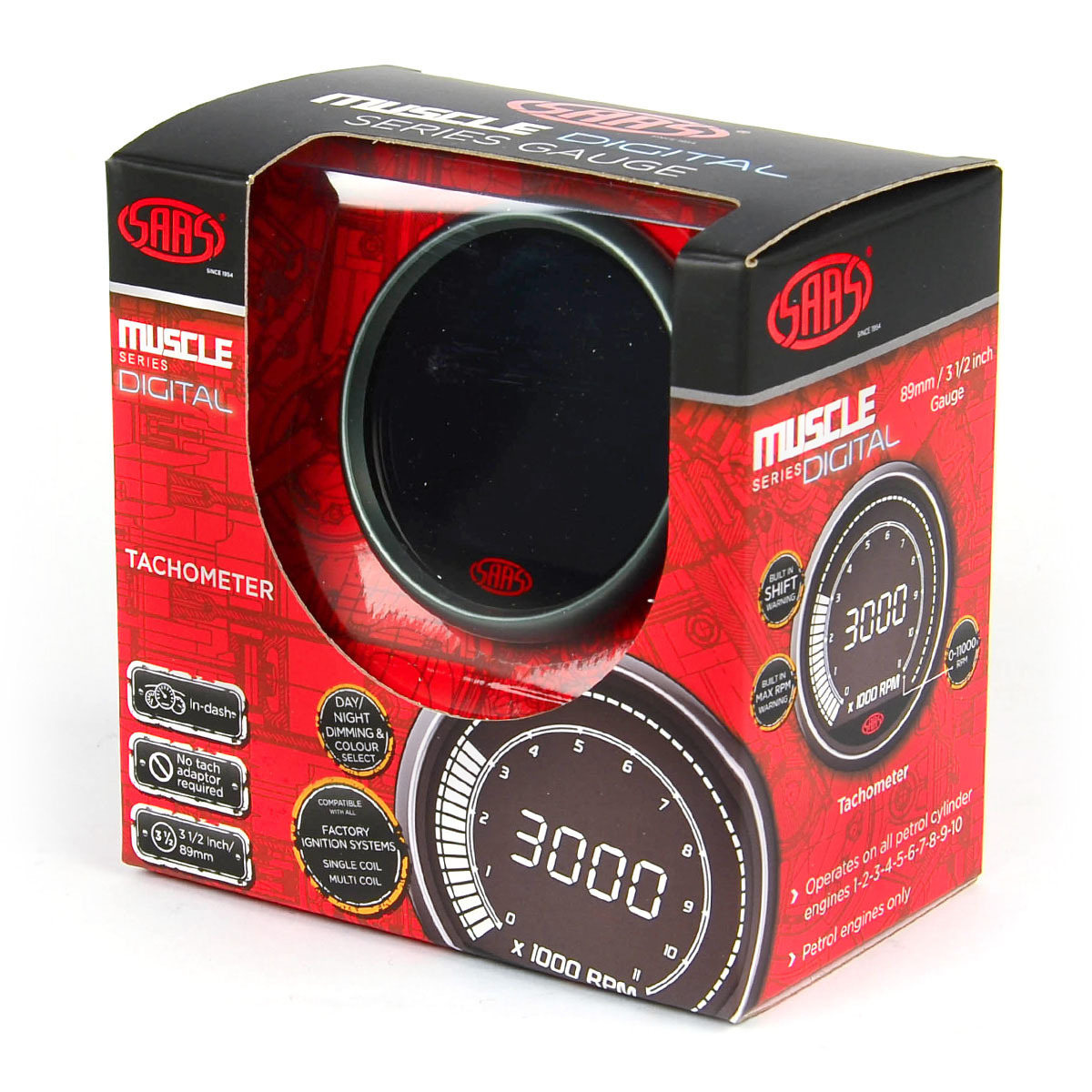 Tachometer 0-11K Shiftlite 3 1/2" 89mm In Dash Muscle Digital Series