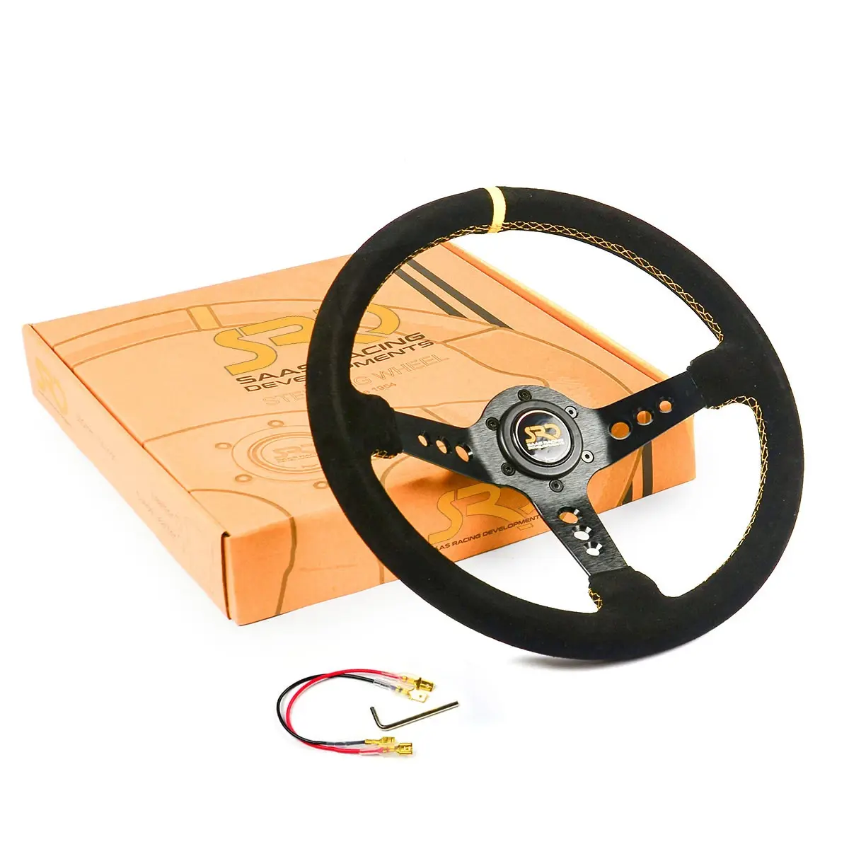 SAAS SWGT1 350mm Deep Dish Steering Wheel – Black Suede With Yellow Band (ADR Approved)