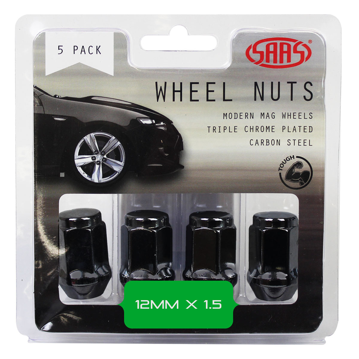 Wheel Nuts Flat Head Bulge 12 x 1.50 Black 35mm 5Pk