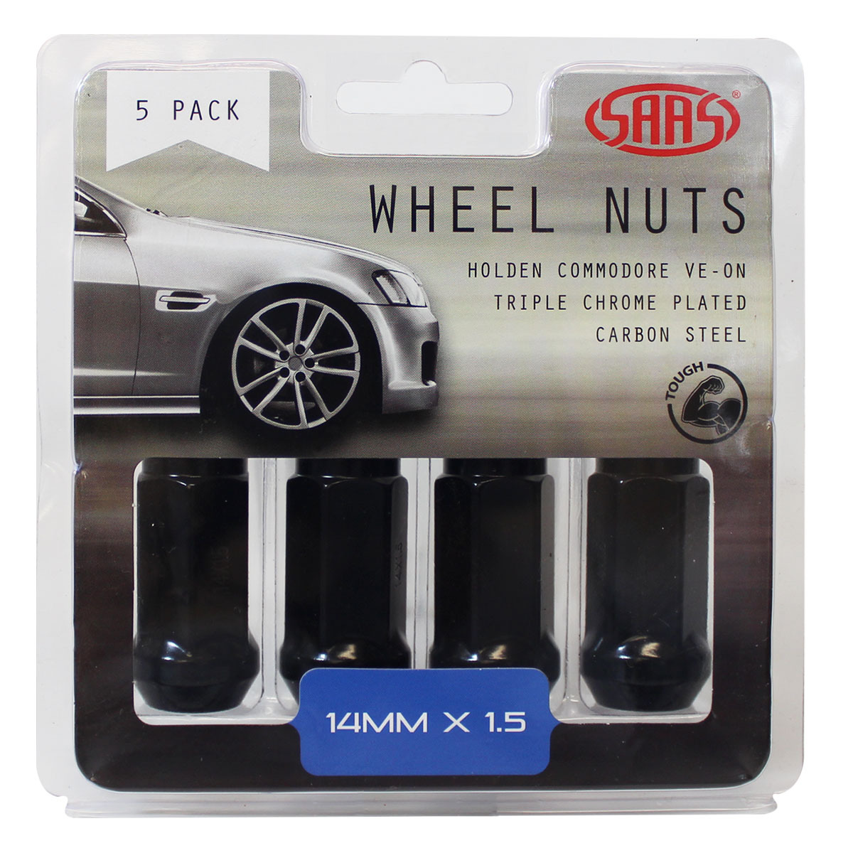Wheel Nuts Flat Head Bulge 14x 1.5 Black 45mm 5Pk