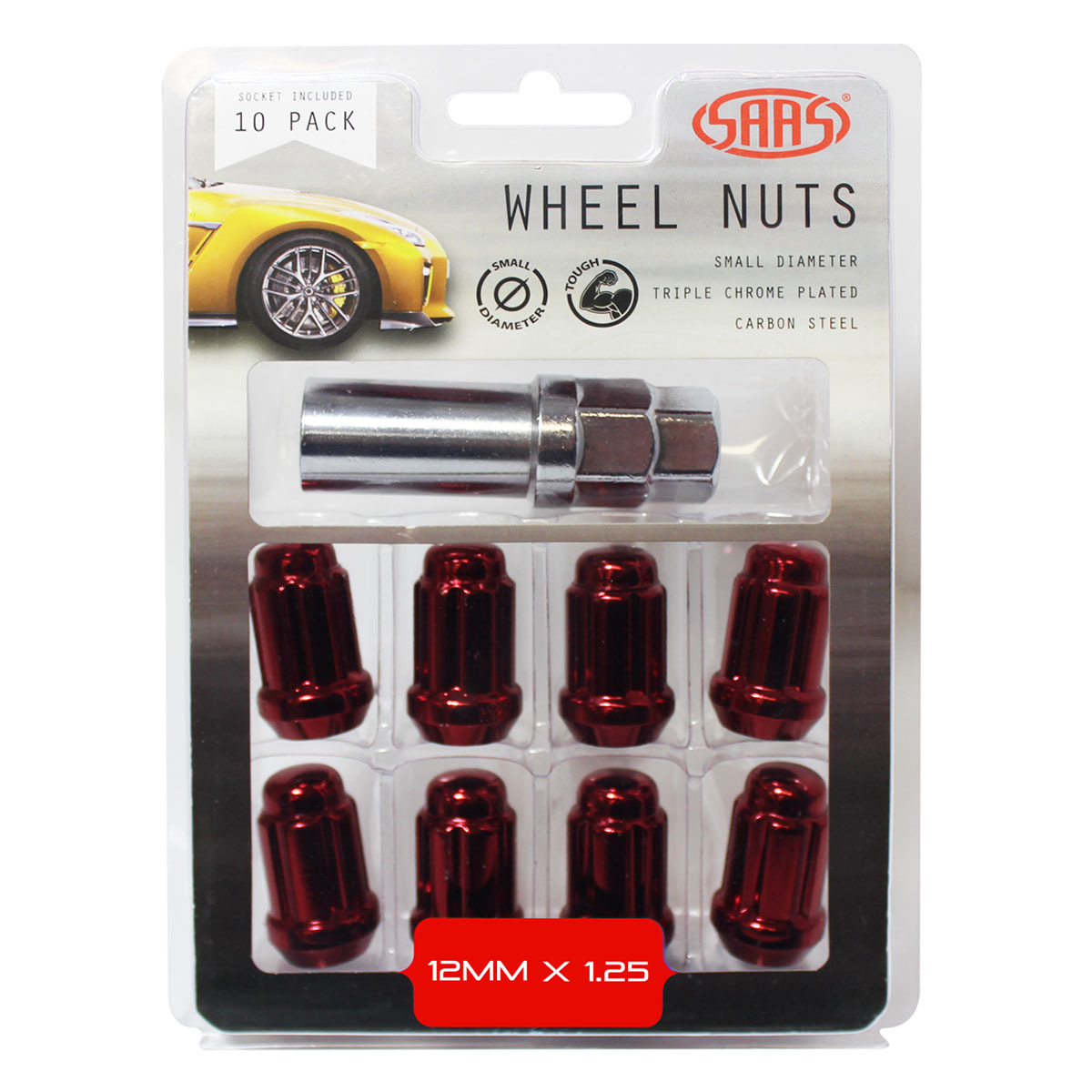 Wheel Nuts S/D 6 Spline 12 x 1.25 Inc Key Red 10Pk