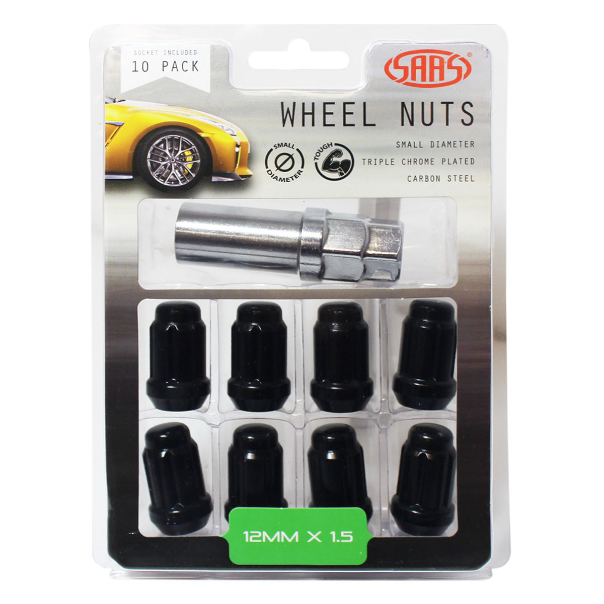 Wheel Nuts S/D 6 Spline 12 x 1.50 Inc Key Black 10Pk