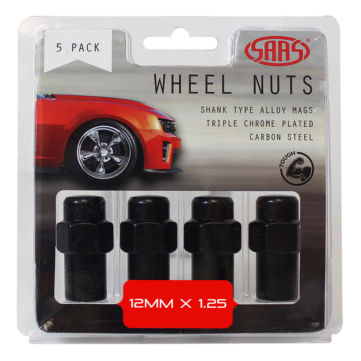 Wheel Nuts Mag 12 x 1.25 Black 43mm 5Pk