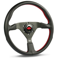 Steering Wheel Leatherette 14" ADR Black Spoke Red Euro Stitch