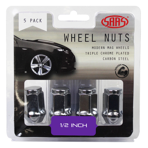 Wheel Nuts Flat Head Bulge 1/2" Chr 35mm 5Pk