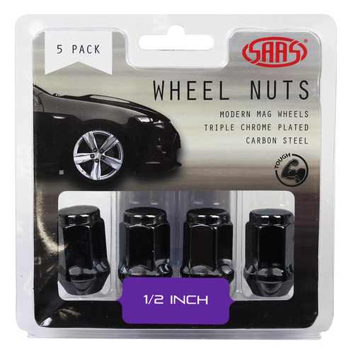 Wheel Nuts Flat Head Bulge 1/2" Black 35mm 5Pk