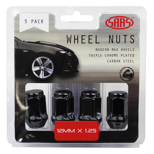 Wheel Nuts Flat Head Bulge 12 x 1.25 Black 35mm 5Pk